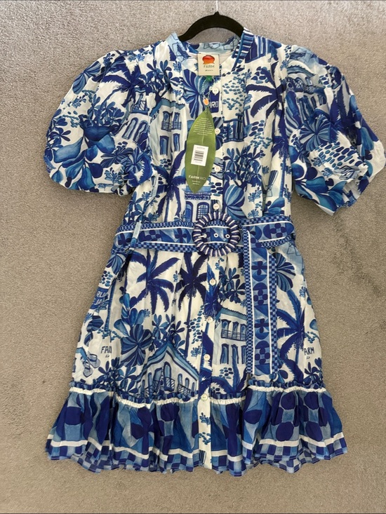 FARM Rio Dresses & Skirts - NWT FARM Rio Blue & White Tropical Puff-Sleeve Mini Dress
